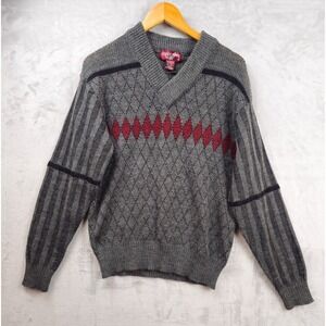 Vintage Eagle Point Gray Sweater Mens Medium V Neck Argyle Acrylic Pullover‎ 80s